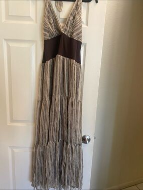 jonathan martin Brown and Cream Striped Halter Maxi Dress